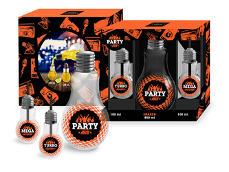 Szklanki żarówki w zestawie butelka żarówka 850ml + 2 szklanki żarówki 100ml  z napisem "PARTY MIX"