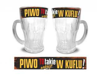 Szklany kufel do piwa RELAKS z napisem "Piwo, to takie wakacje w kuflu!"